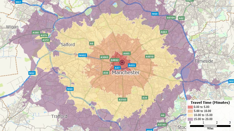 MapPoint replacement - Maptitude map showing 5-minute interval drive-time bands around a location in Manchester