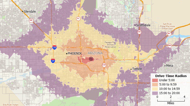 MapPoint replacement - Maptitude map showing 5-minute interval drive-time bands around a location in Phoenix, Arizona 