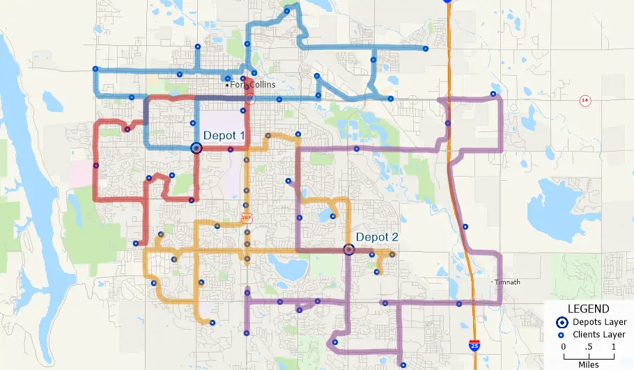 Maptitude map of balanced delivery routes from two depots to multiple customers