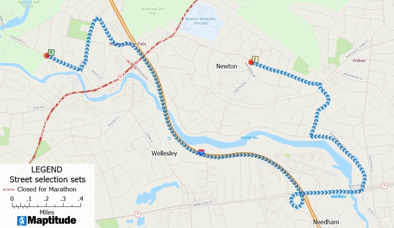 Maptitude 2026 route between two locations that accounts for street closures blocking the shortest route