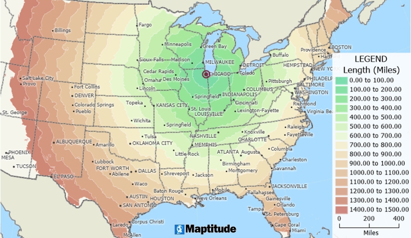 Maptitude 2026 drive-time rings in 100-mile increments from 100 to 1500 miles from Chicago