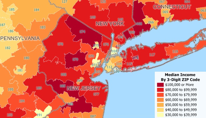 Sample Maptitude map of ACS and ZBP data showing New York income by ZIP Code
