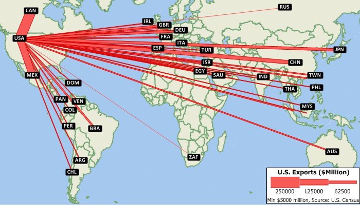 Maptitude desire line map of U.S. exports