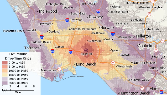 What is a Drive-Time Ring/Drive-time ring definition: Maptitude map showing 5-minute interval drive-time rings around locations in Los Angeles