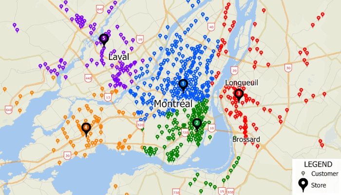 Maptitude map of customers with a geographic-based filter to identify them by closest store