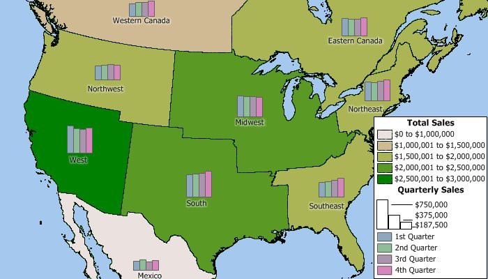 Alternative Power Map for Excel: Maptitude Sales Territory Map with Sales Data