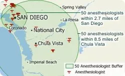 Maptitude map showing buffers that encompass 50 anesthesiologists