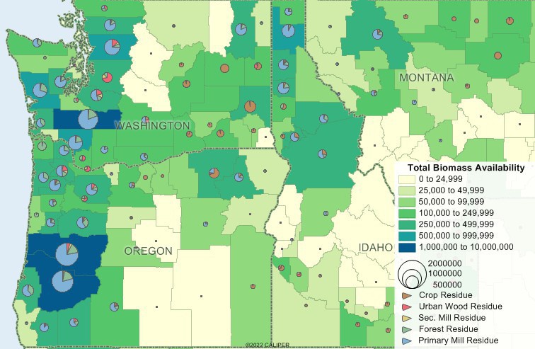 Maptitude map of biofuel availability by county, northwest United States