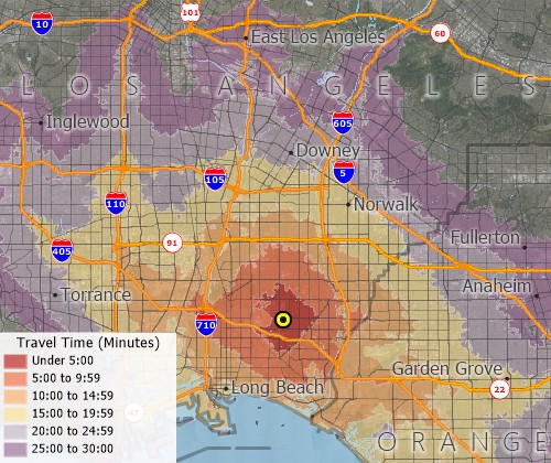 Map of 5-minute interval drive-time rings around a location in Long Beach, California