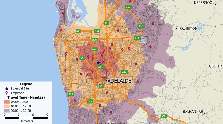 Australia map of employee locations and drive-time rings to proposed sites