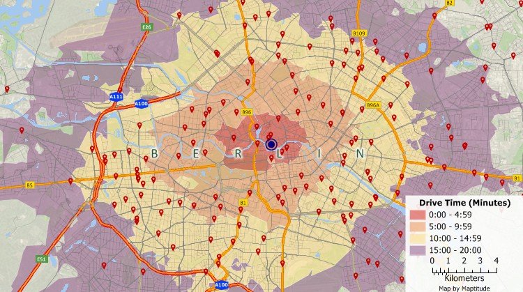 Geocoded customer locations map and drive-time rings using Maptitude, the alternative to MS AutoRoute