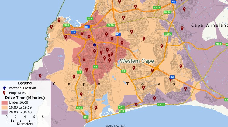 Maptitude South Africa site analysis mapping software can determine drive times to sites