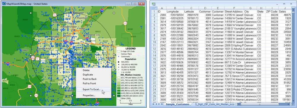 Export Maptitude map features directly to an Excel spreadsheet