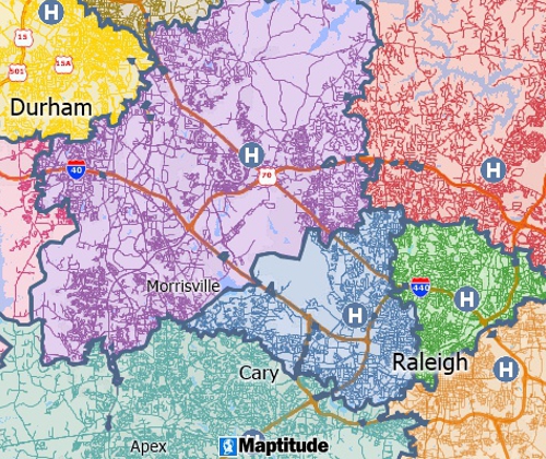 Maptitude GIS map of territories based on drive-time to nearest hospital