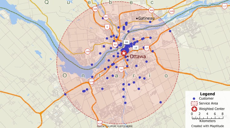 Maptitude GIS map of weighted center gravity location of customers in Ottawa, Canada