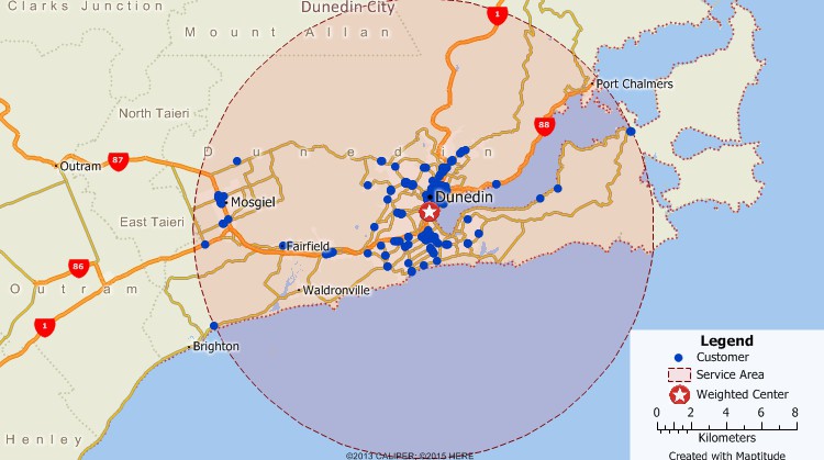 Maptitude GIS map of weighted center gravity location of customers in Dunedin, New Zealand
