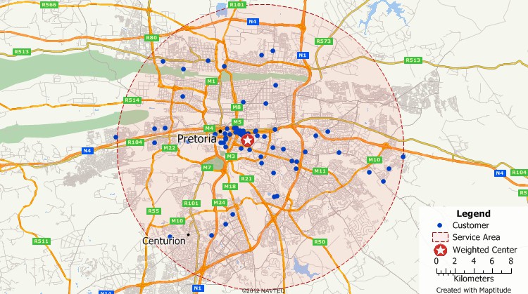 Maptitude GIS map of weighted center gravity location of customers in Pretoria, South Africa