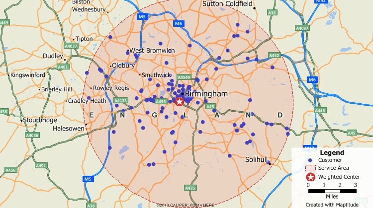 Maptitude GIS map of weighted center gravity location of customers in Birmingham, United Kingdom