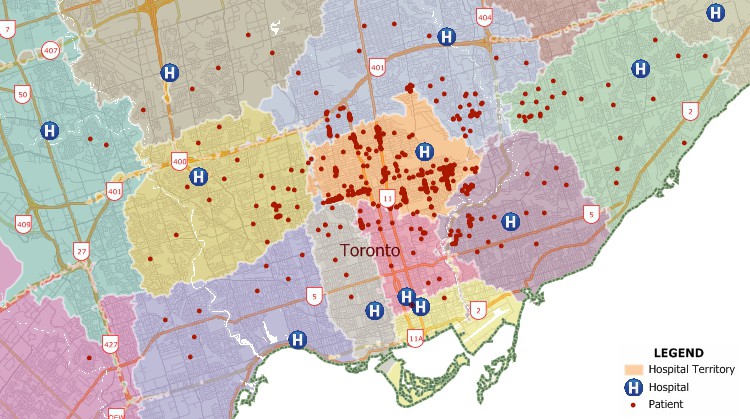 Canada streets partitioned into territories based on drive time