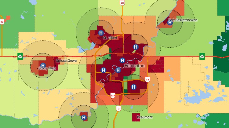 Maptitude Canada GIS System map of buffers around Edmonton, Canada hospitals