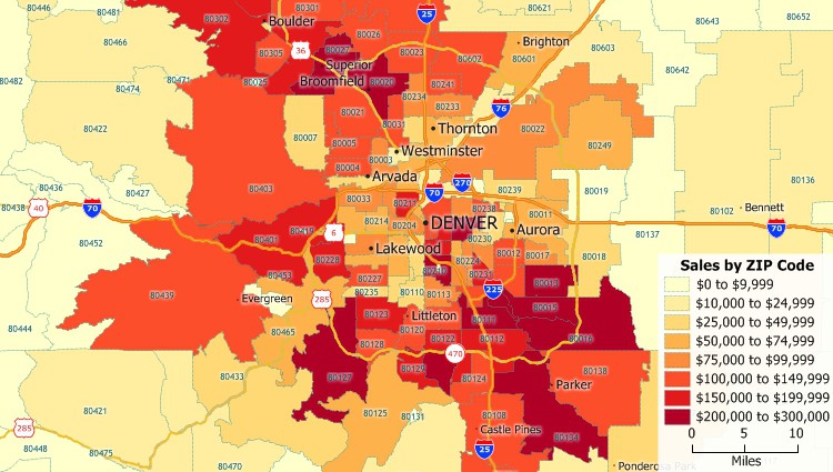 what is a map: example of thematic map showing sales by ZIP Code