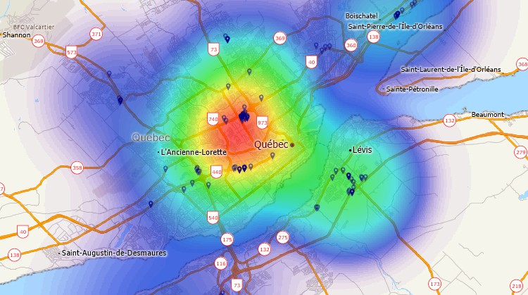Maptitude GIS map of customer hot-spot in Quebec City, Canada