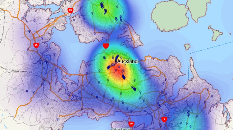 Maptitude GIS map of customer hot-spot in Auckland, New Zealand