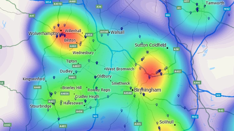 Maptitude GIS map of customer hot-spot in Birmingham, United Kingdom