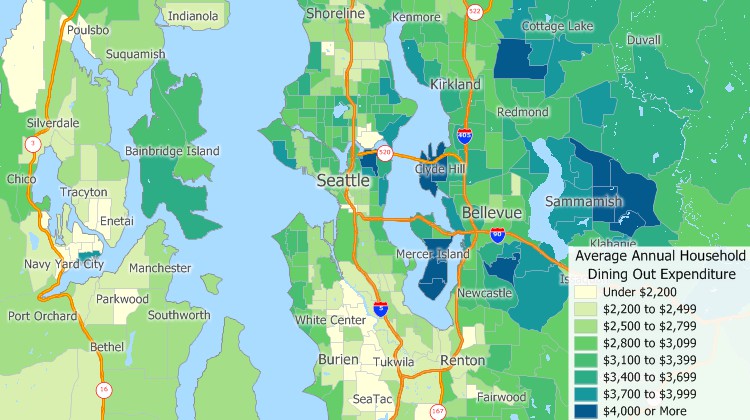 Maptitude map of household expenditures for dining out in and around Seattle
