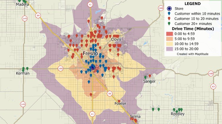 A business map of customer locations and drive times created with Maptitude mapping software