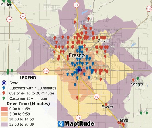 Maptitude drive-time ring map with 5-minute intervals