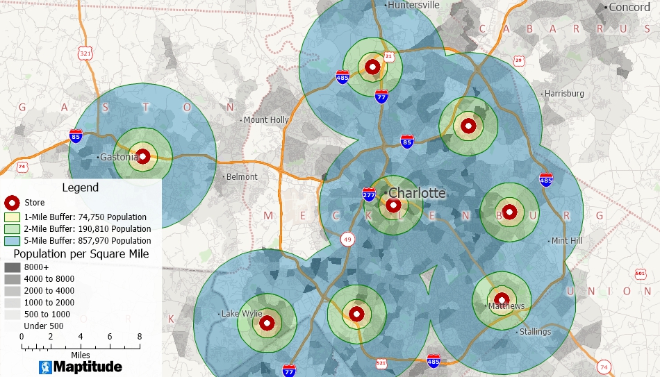 Maptitude radius map with concentric rings