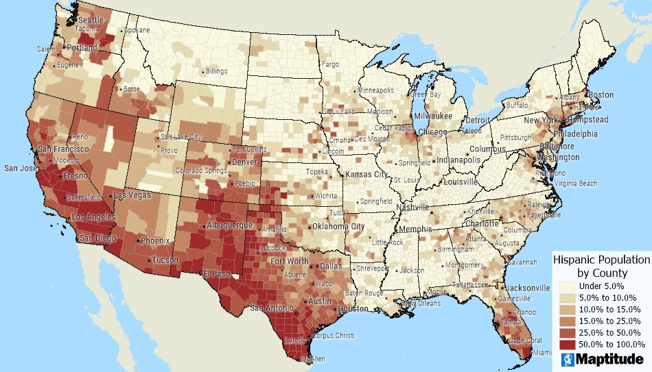 Maptitude map hispanic population by county