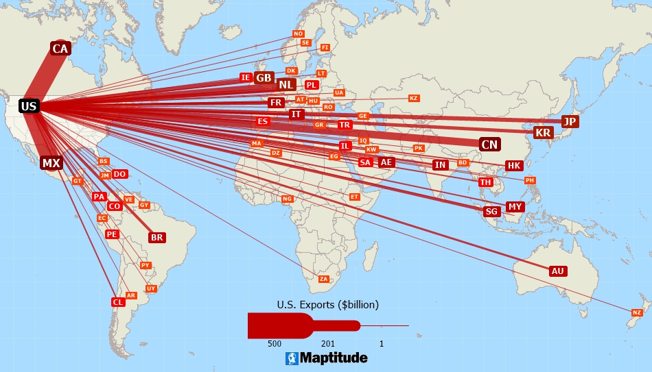 Maptitude desire line map of U.S. exports