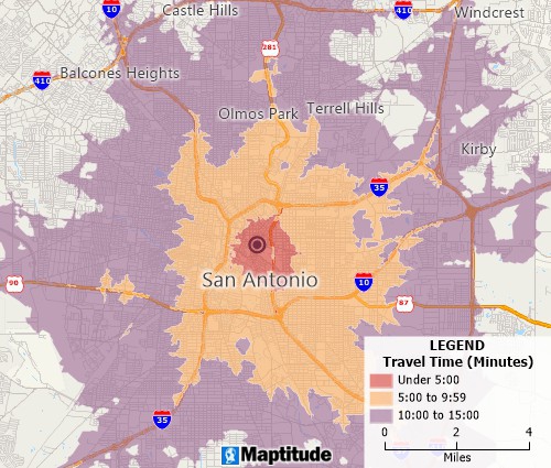 Create drive-time rings around map features and estimate the populations within them, count the customers within them, or find underserved areas