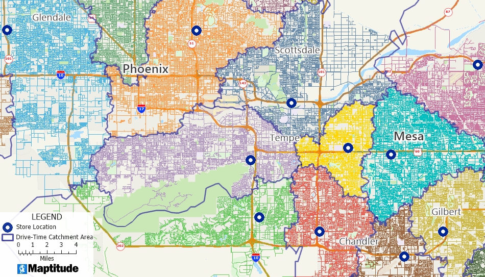 Maptitude map of territories based on driving distance