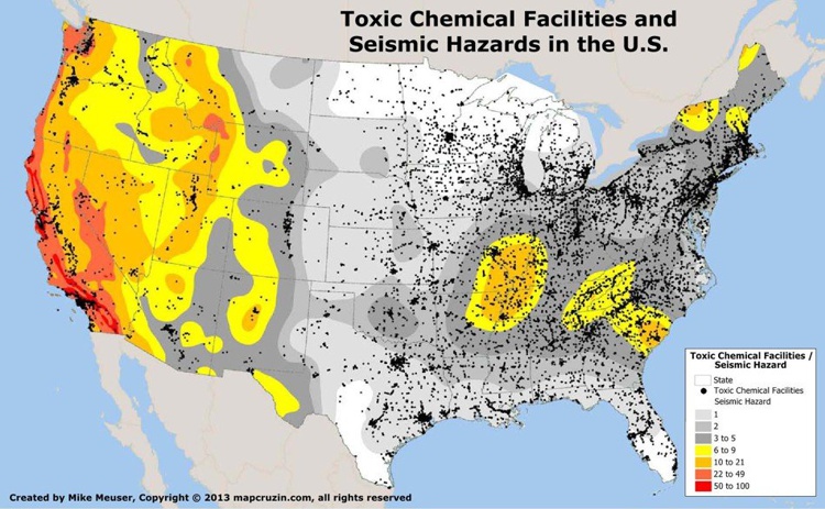 Map of chemical facilities and seismic hazards created with Maptitude risk management software, a MARPLOT replacement