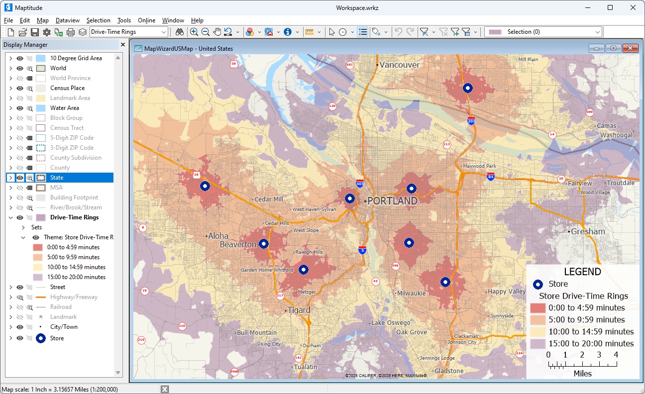 Maptitude offline GIS generating drive-time rings around multiple locations simultaneously, on a disconnected laptop