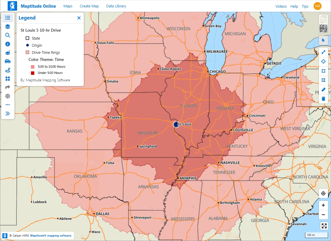 Maptitude Online drive-time ring showing a 10-hour travel time boundary around a location with a legend displaying travel time intervals