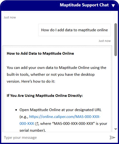 Maptitude Online AI-powered support chat answering a user question about adding data, with a structured step-by-step response