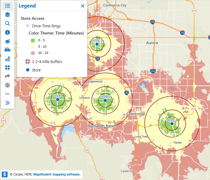 Maptitude Online trade area map with concentric radius rings and multi-interval drive-time rings drawn around multiple store locations simultaneously on a single map
