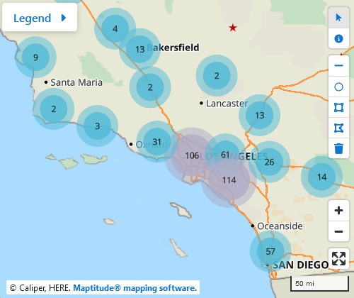 Maptitude Online map for Mac showing cluster theme of stores in Southern California