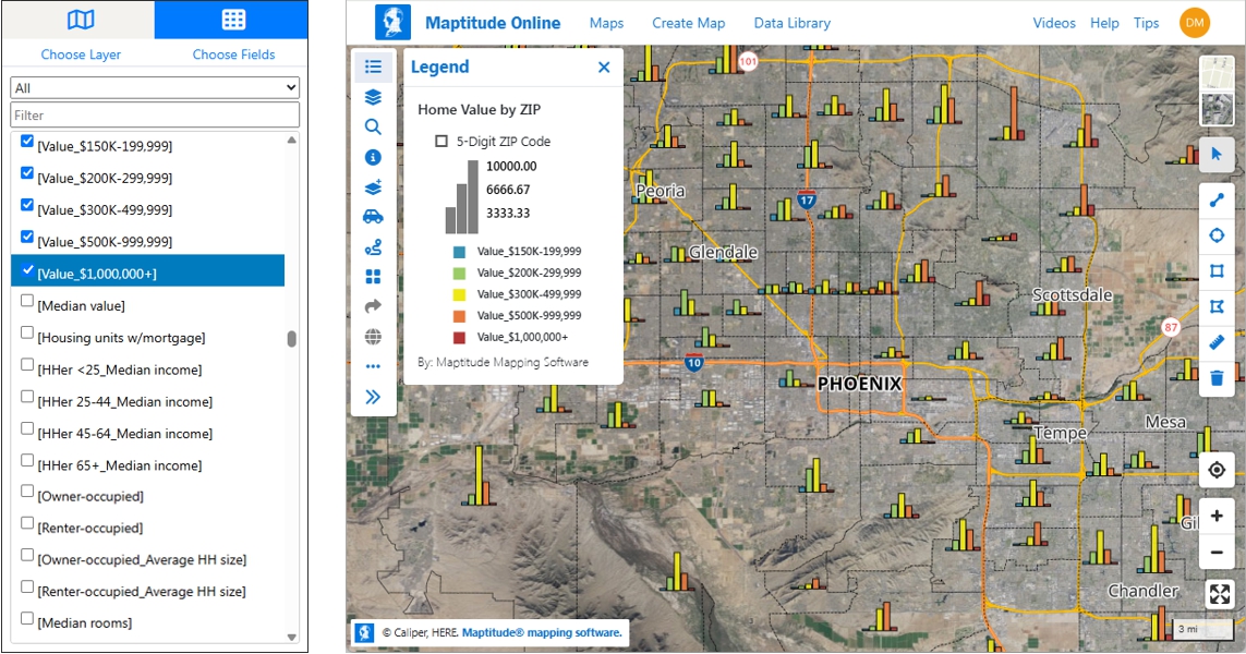 Maptitude Online demographic variable wizard listing thousands of U.S. Census and ACS variables, displayed over a bar chart theme map comparing multiple variables of home values across ZIP Codes