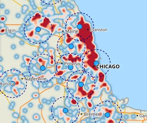 Map of Chicago with store locations highlighted with rings around them and a heat map showing the density of customers