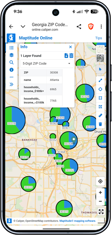 Maptitude Online on a mobile phone screen showing pie chart map themes and a household income data with no app download required 