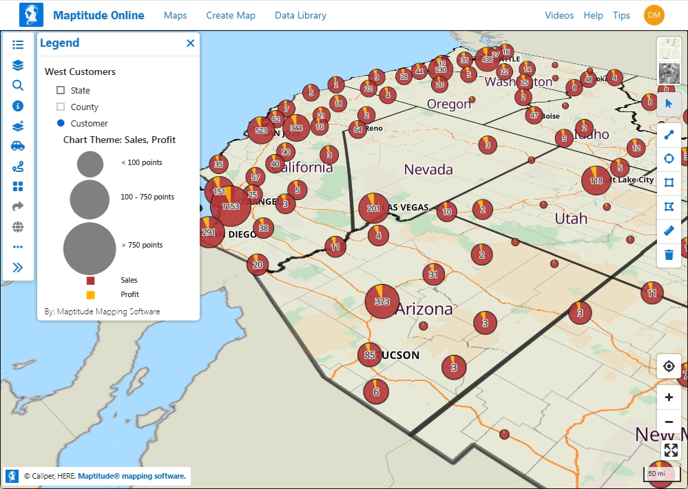 Maptitude Online WebGL map rendered at an oblique angle, demonstrating smooth 3D-style performance with large datasets