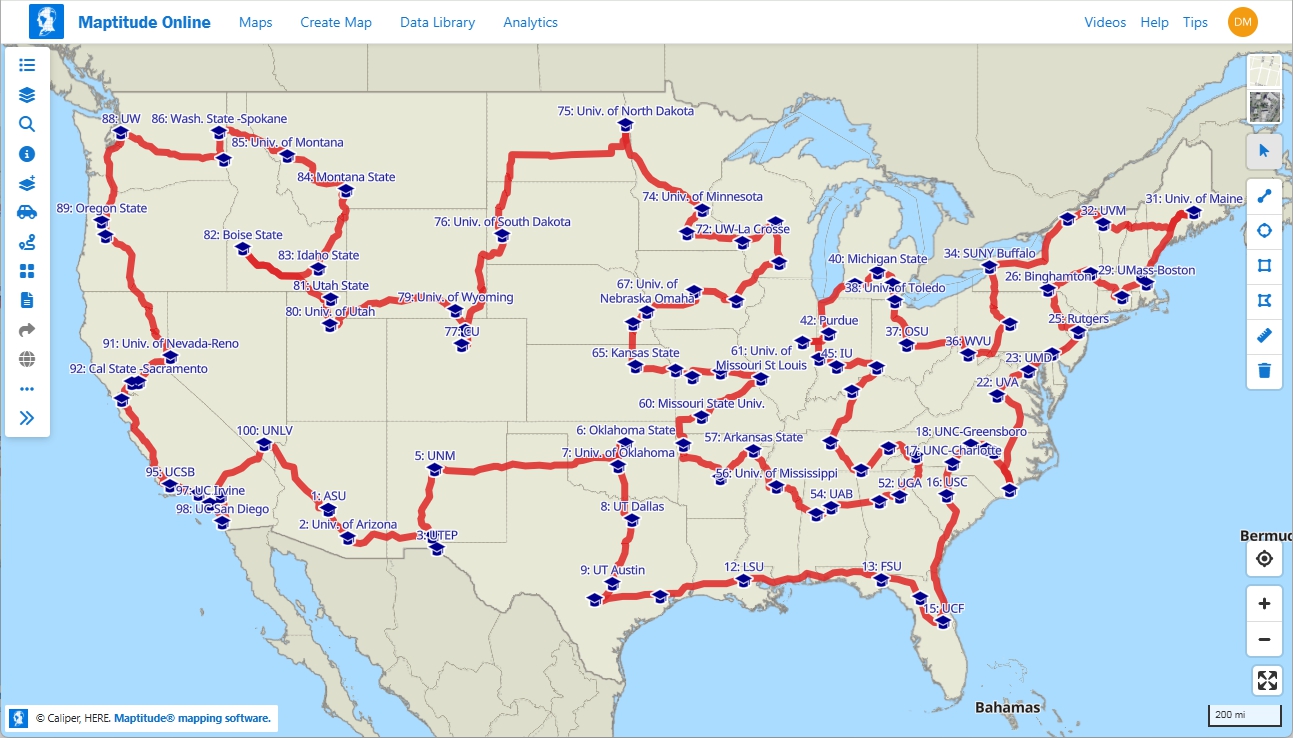 Maptitude Online optimized route with 100 stops displayed on an interactive map with stop count visible in the interface