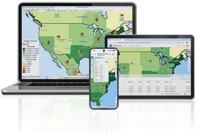 Desktop Maptitude map published to Maptitude Online and viewed on a laptop, tablet, and phone