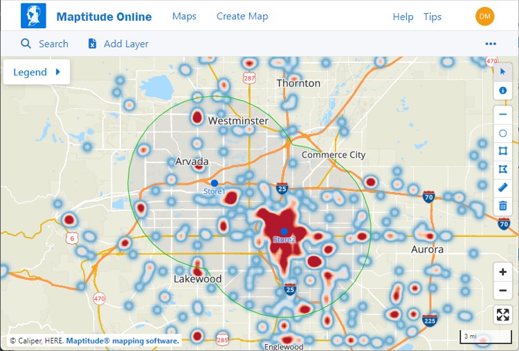 Heat map of customer density and store locations with 5-mile buffers