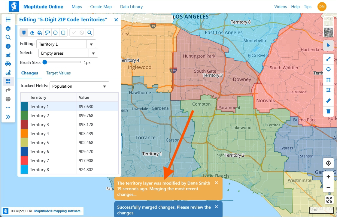 Maptitude Online shared territory map showing a collaborator change merge notification confirming that simultaneous edits from multiple users have been applied
